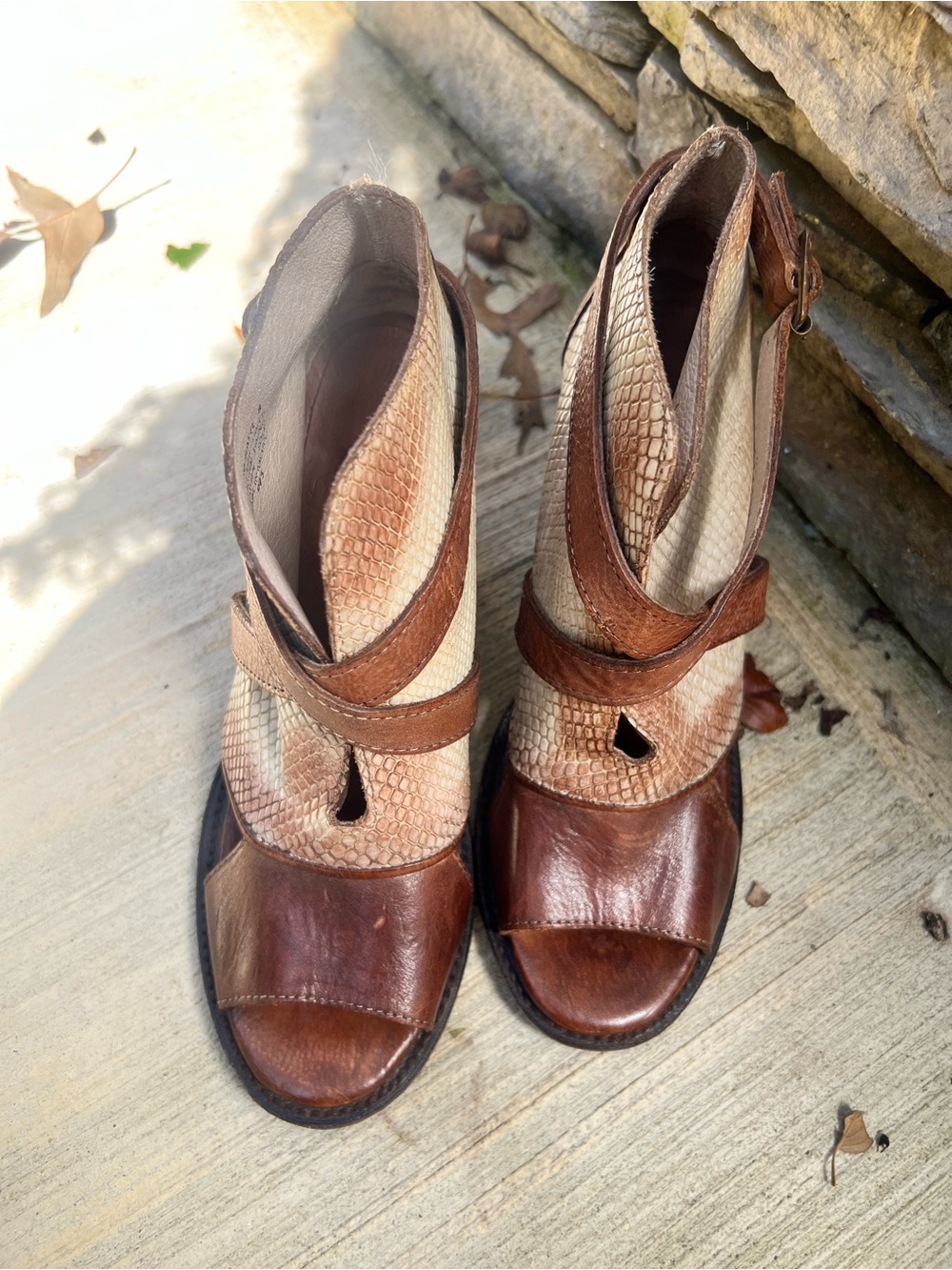 Freebird by Steven Brown & Cream Snake-Texture Leather Open-Toe Ankle Booties